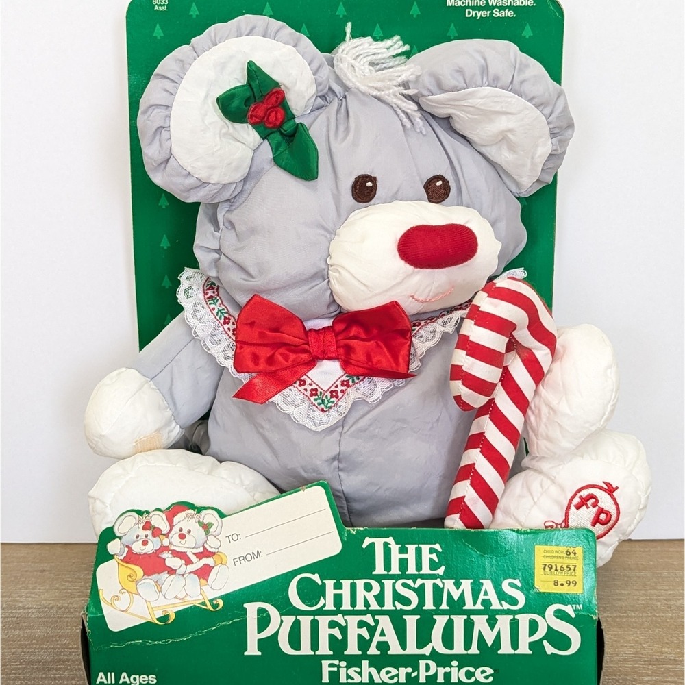 Vtg NEW 1987 Fisher Price Puffalumps Plush Gray Christmas Mouse w/Candy Cane
